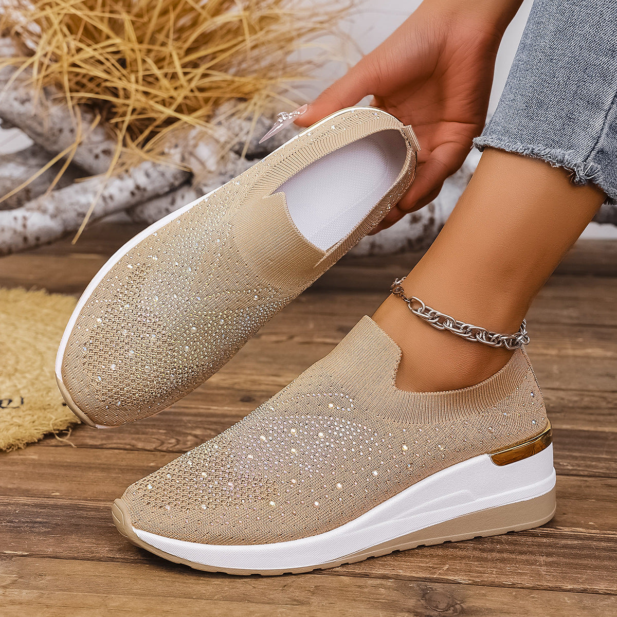 Pumps Women's Summer Wedge Round Toe Rhinestone Slip-on Women's Pumps Pumps