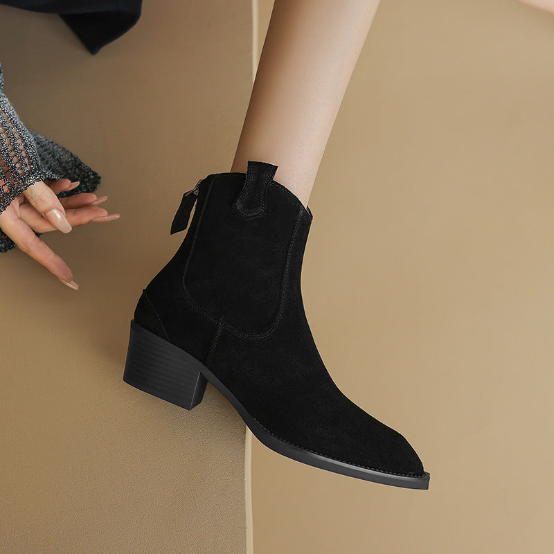 Pointed Toe Chunky Heel Back Zip Short Boots Women's