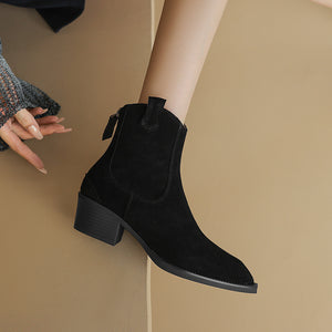 Pointed Toe Chunky Heel Back Zip Short Boots Women's