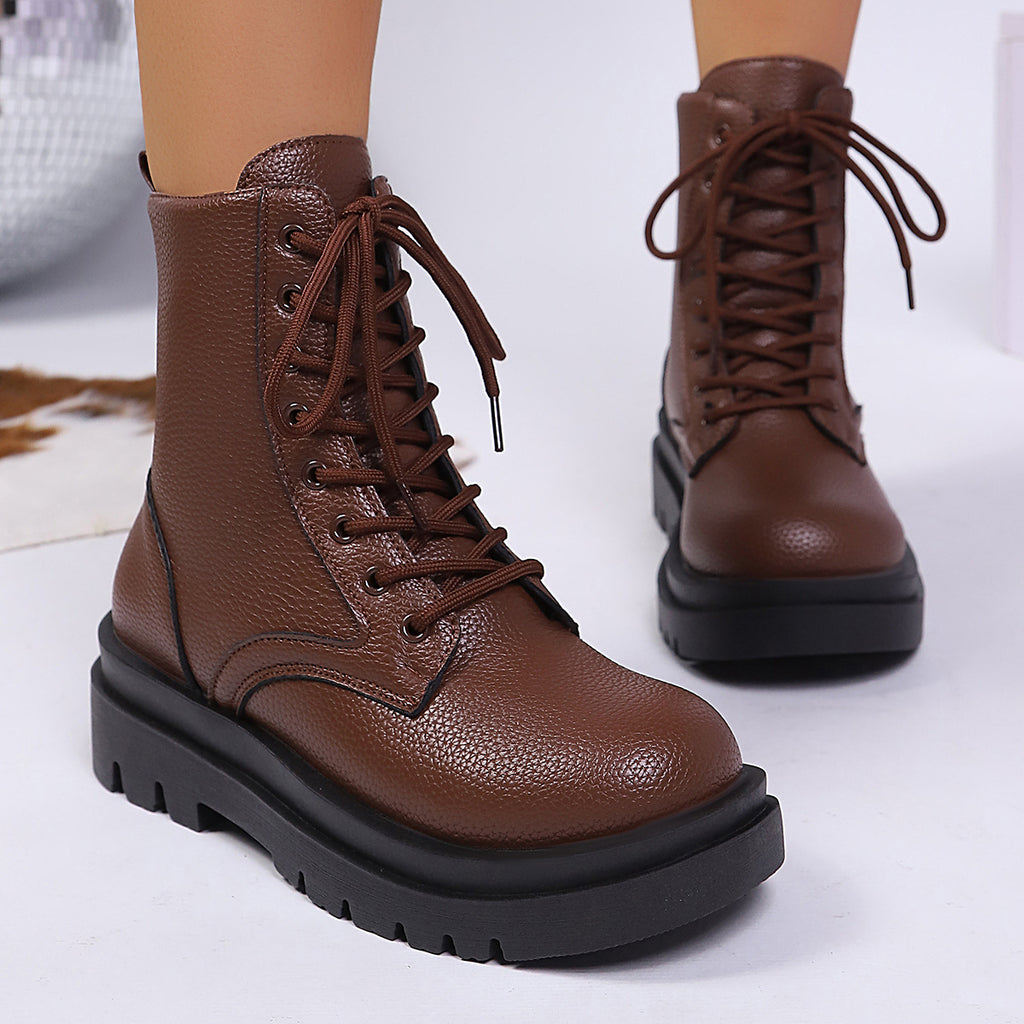 Women's Lace Up Round Toe Platform Leather Martin Boots