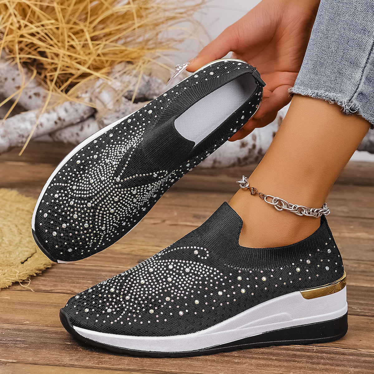 Pumps Women's Summer Wedge Round Toe Rhinestone Slip-on Women's Pumps Pumps