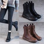 Flat Heel Retro Low Leather Boots Soft Bottom Lace Up Back Zipper