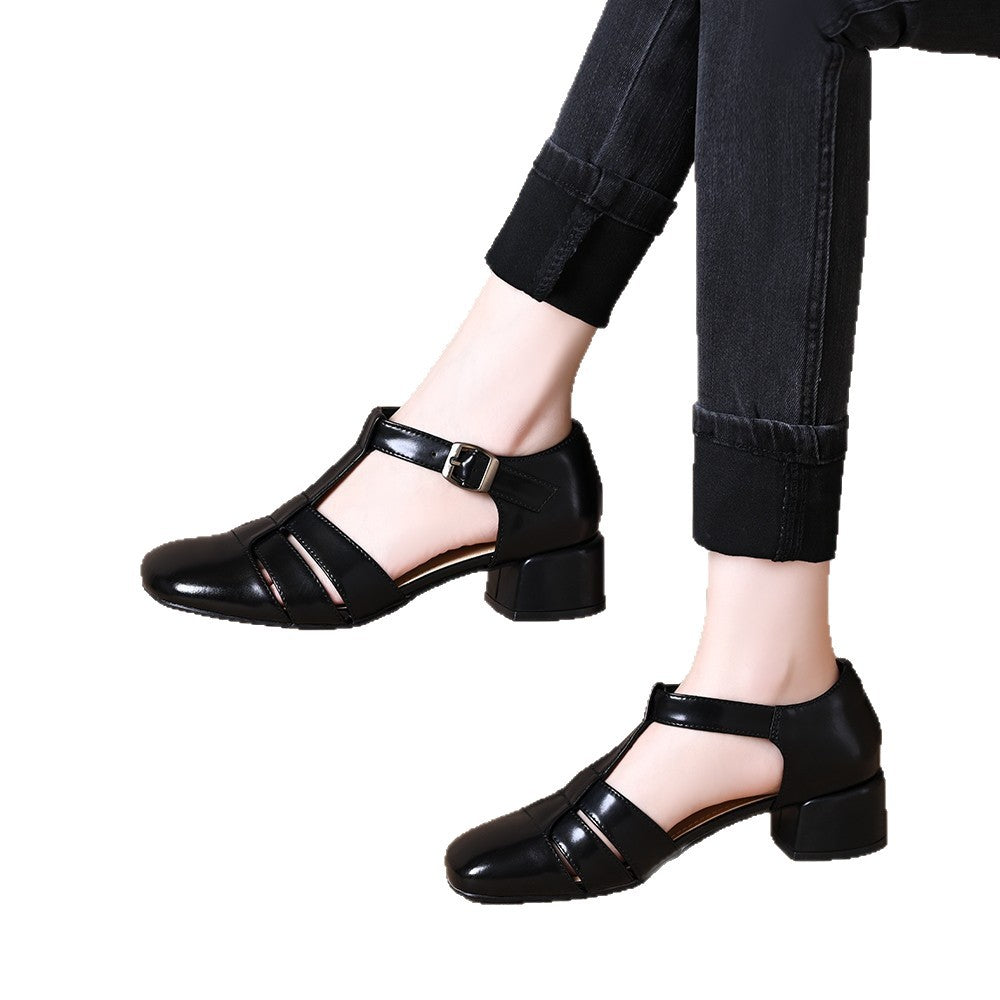 Hollow Retro Strap All-matching Chunky Heel Sandals