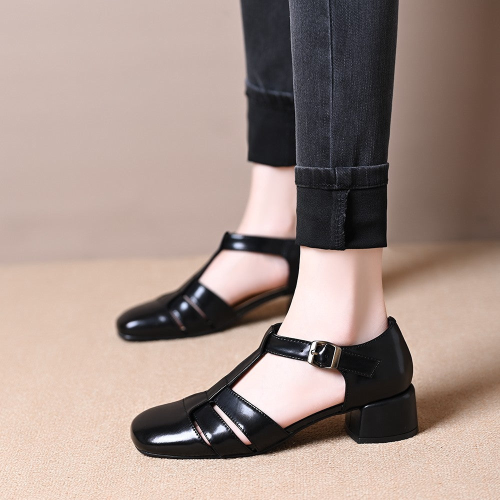 Hollow Retro Strap All-matching Chunky Heel Sandals