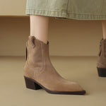 Pointed Toe Chunky Heel Back Zip Short Boots Women's