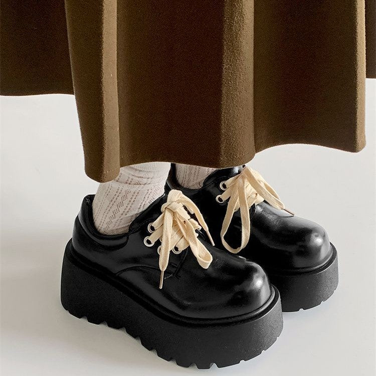 Retro British Matte Black Thick Sole Increased By Lace-up Leather Shoes