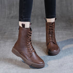Flat Heel Retro Low Leather Boots Soft Bottom Lace Up Back Zipper