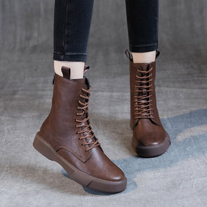 Flat Heel Retro Low Leather Boots Soft Bottom Lace Up Back Zipper