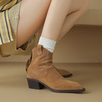 Pointed Toe Chunky Heel Back Zip Short Boots Women's
