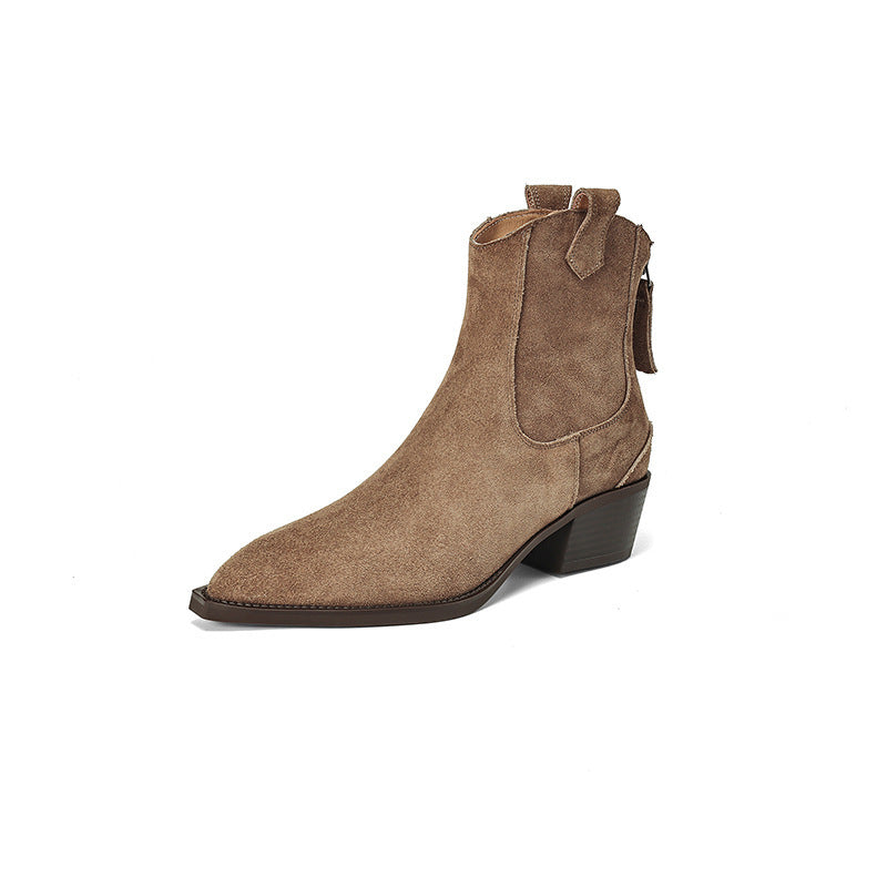Pointed Toe Chunky Heel Back Zip Short Boots Women's