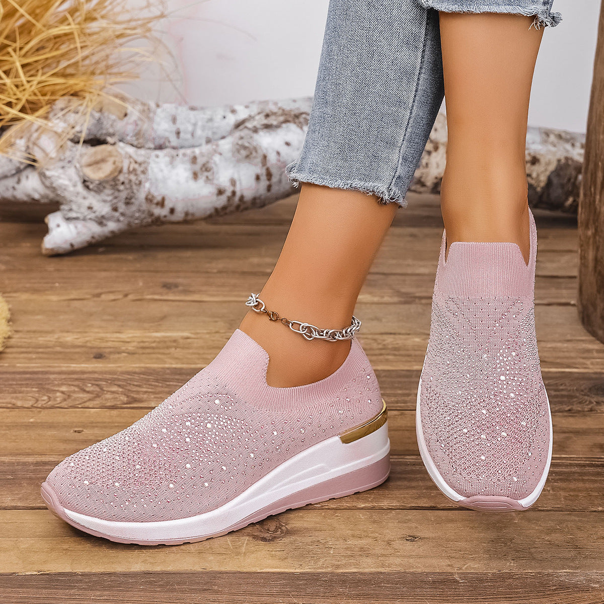 Pumps Women's Summer Wedge Round Toe Rhinestone Slip-on Women's Pumps Pumps