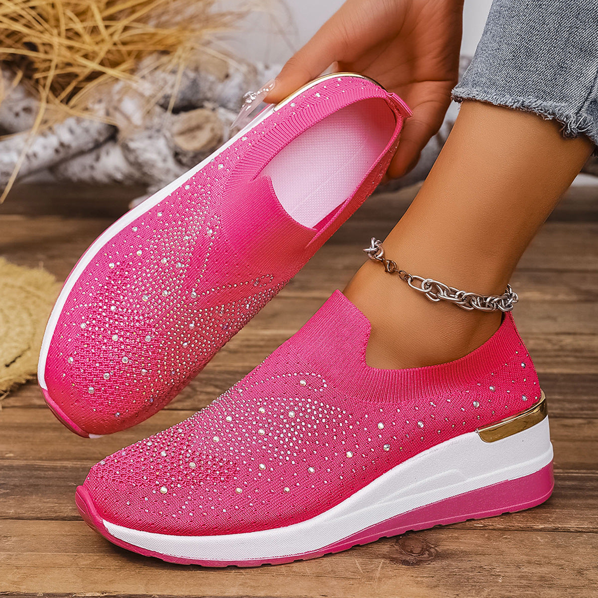 Pumps Women's Summer Wedge Round Toe Rhinestone Slip-on Women's Pumps Pumps
